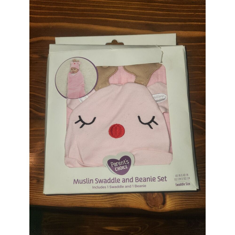 Parents Choice Muslin Swaddle Blanket And Beanie Set NWT Newborn Baby Cap